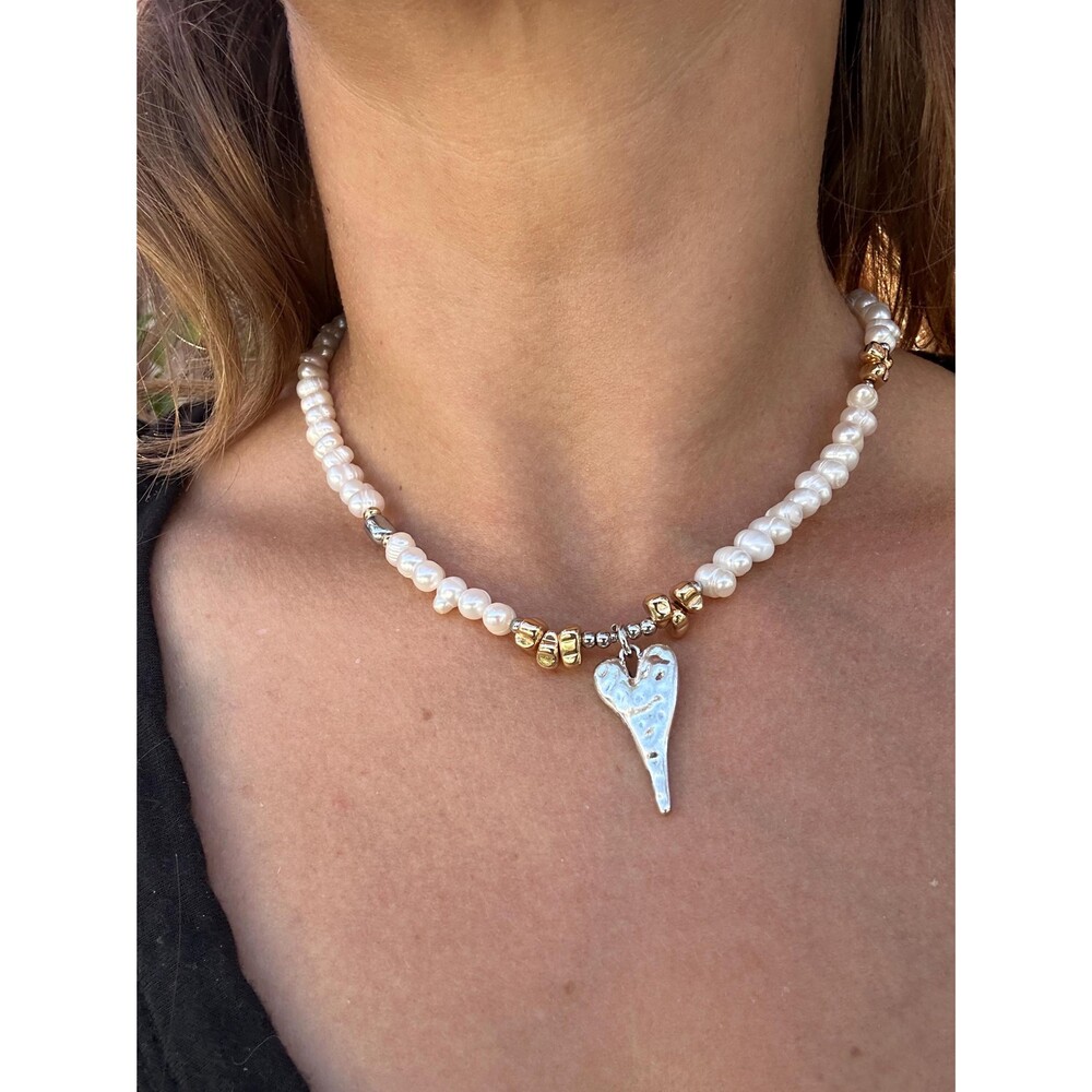 Handmade Freshwater Pearl Choker, Silver Heart Pendant, Statement Necklace